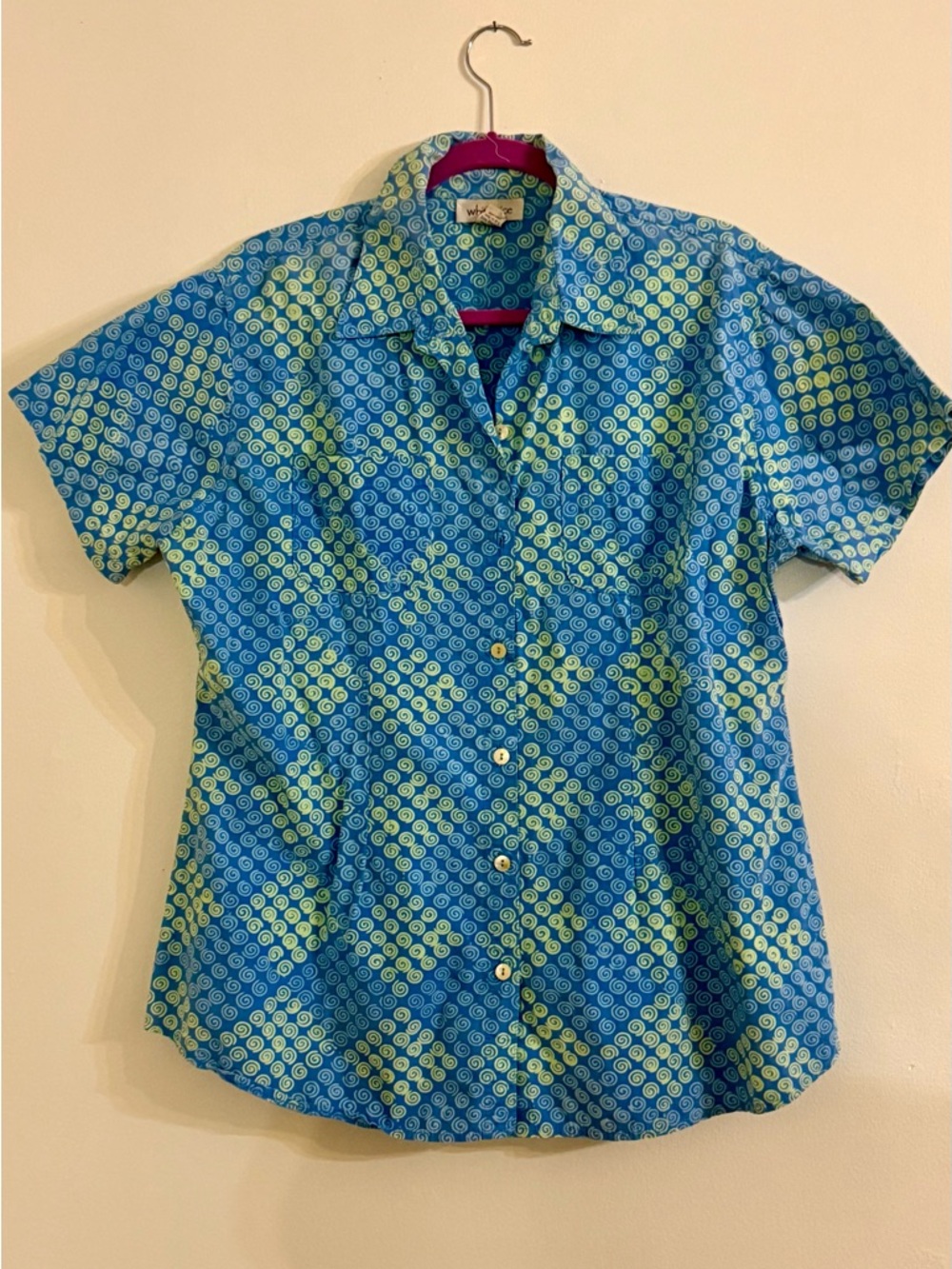 Short-Sleeve Button-Down Shirt in Blue & Green Swirl Print
